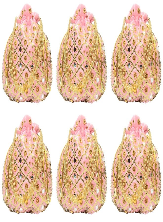 athizay potli combo of 6 Pieces Pink Potli bags for women handbags wedding festive wristlets bags - Image 1